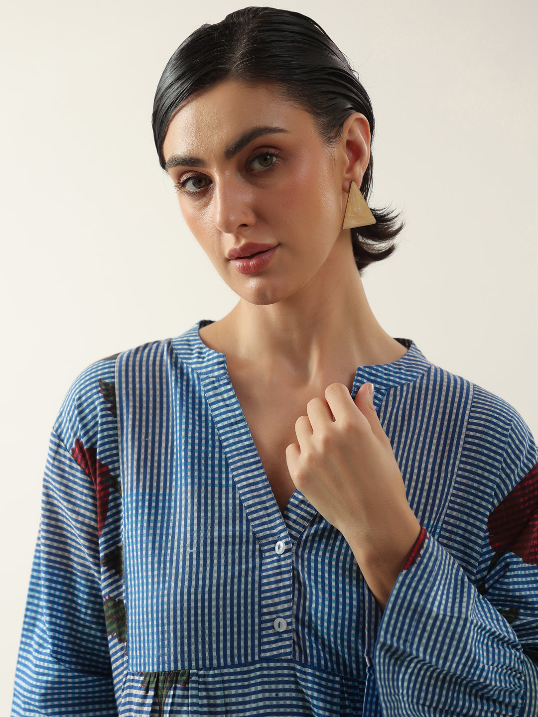 Blue Floral Printed V-Neck Cotton Dress