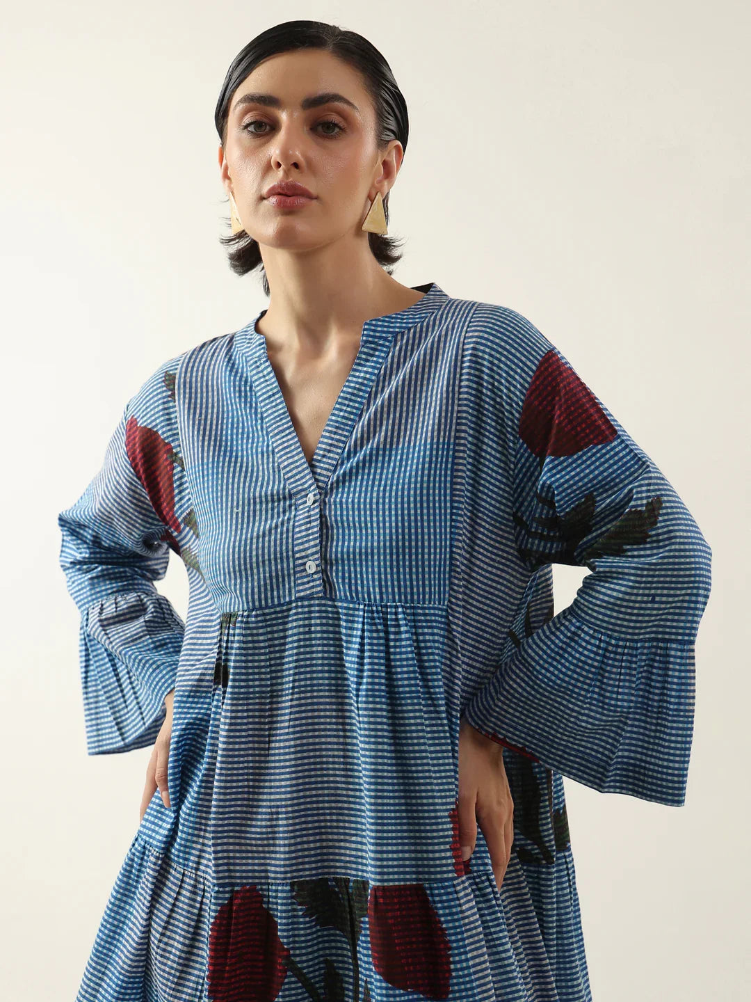 Blue Floral Printed V-Neck Cotton Dress - SanskrutiHomes