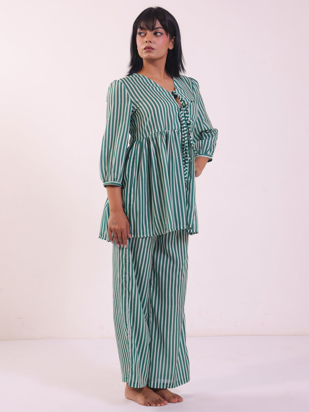 Green V-Neck Stripe Print Pure Cotton Night Suit For Women