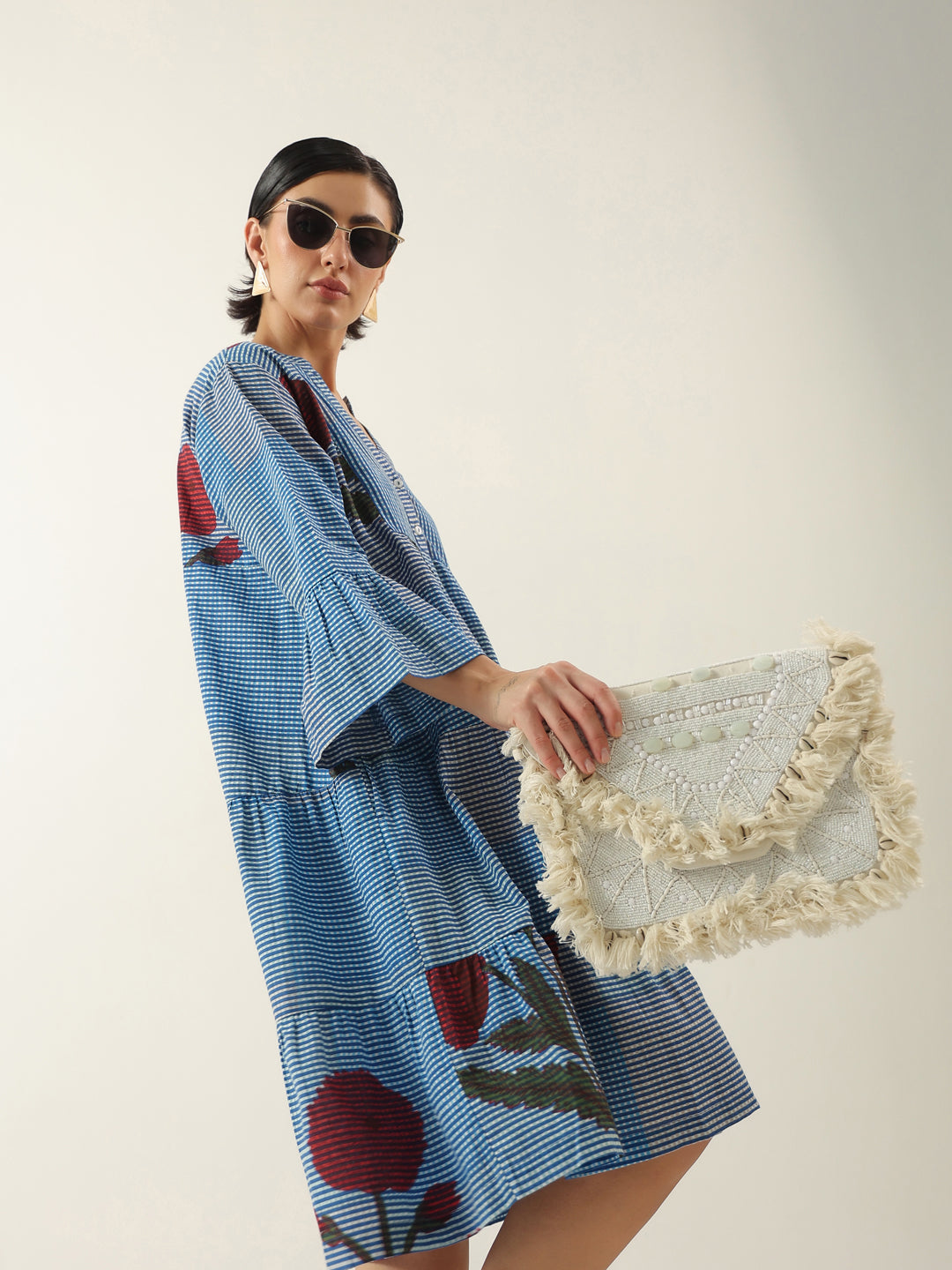 Blue Floral Printed V-Neck Cotton Dress