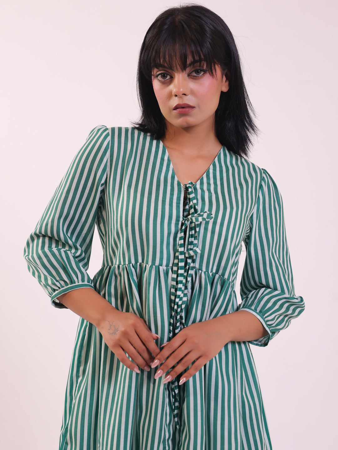 Green V-Neck Stripe Print Pure Cotton Night Suit For Women