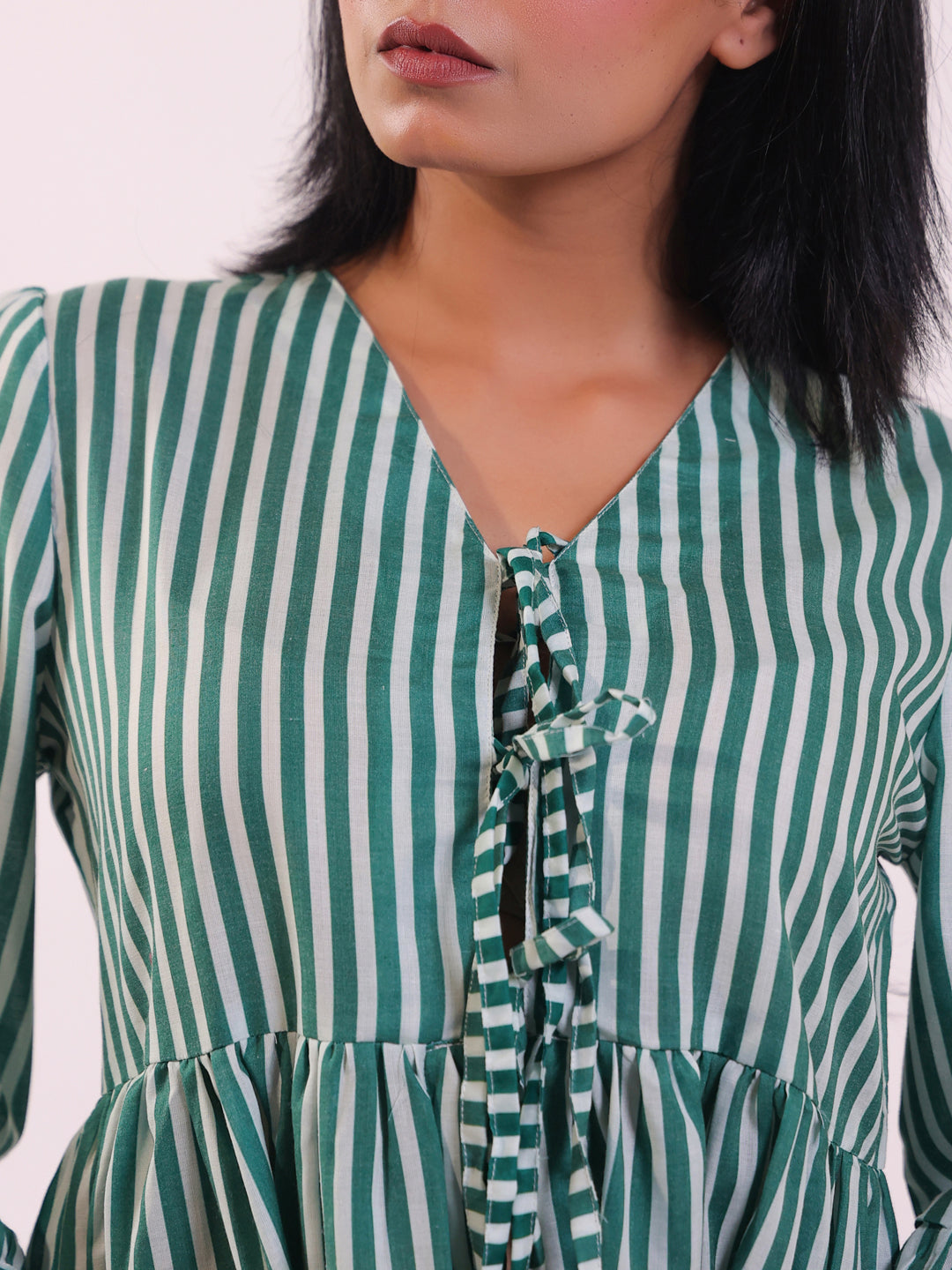 Green V-Neck Stripe Print Pure Cotton Night Suit For Women
