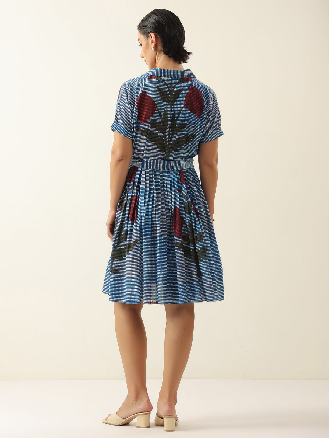 Blue V-Neck Floral Printed Dress for Women