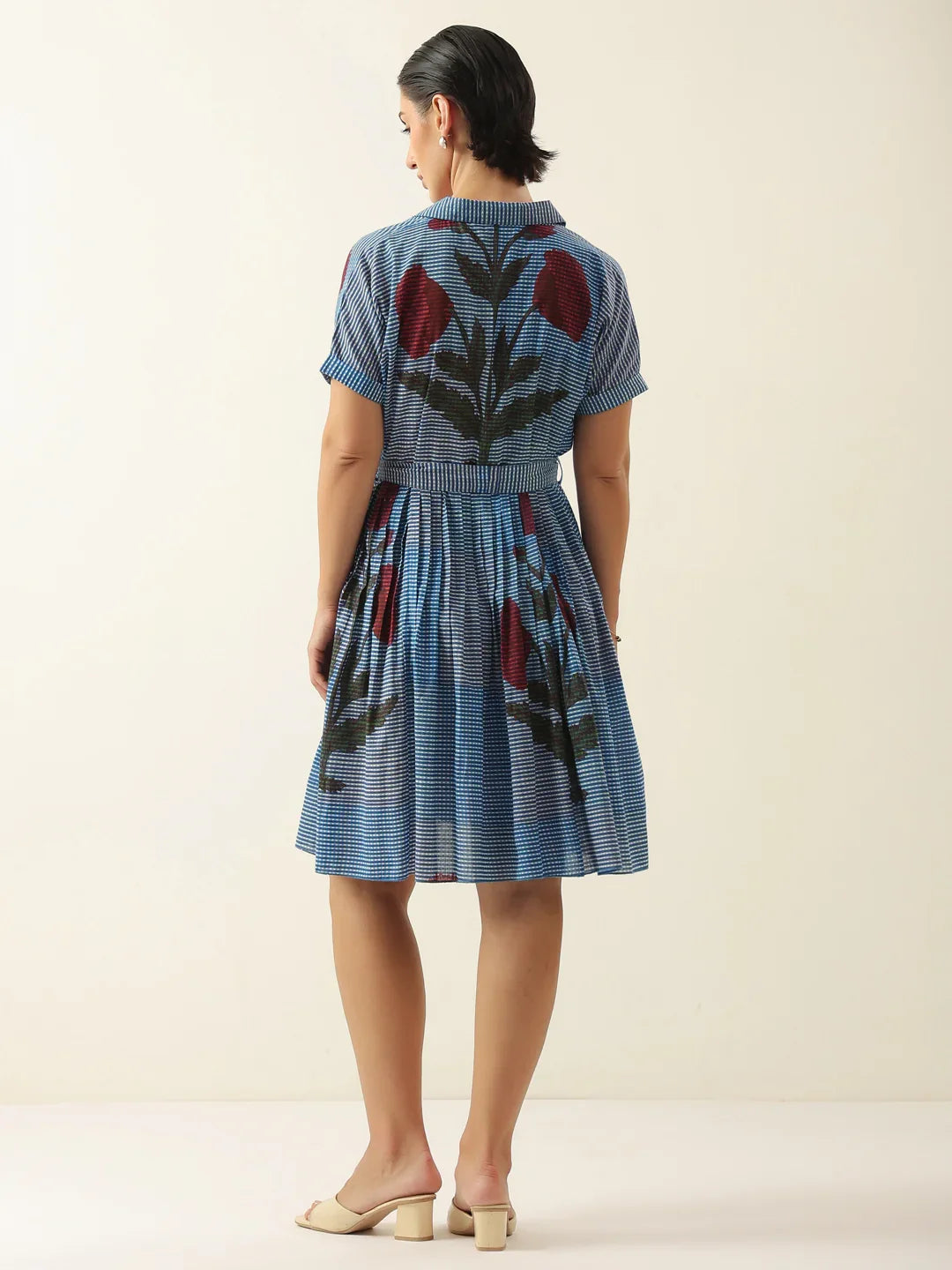 Blue V-Neck Floral Printed Dress for Women - SanskrutiHomes