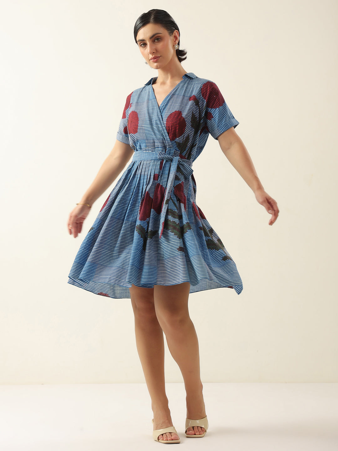 Blue V-Neck Floral Printed Dress for Women