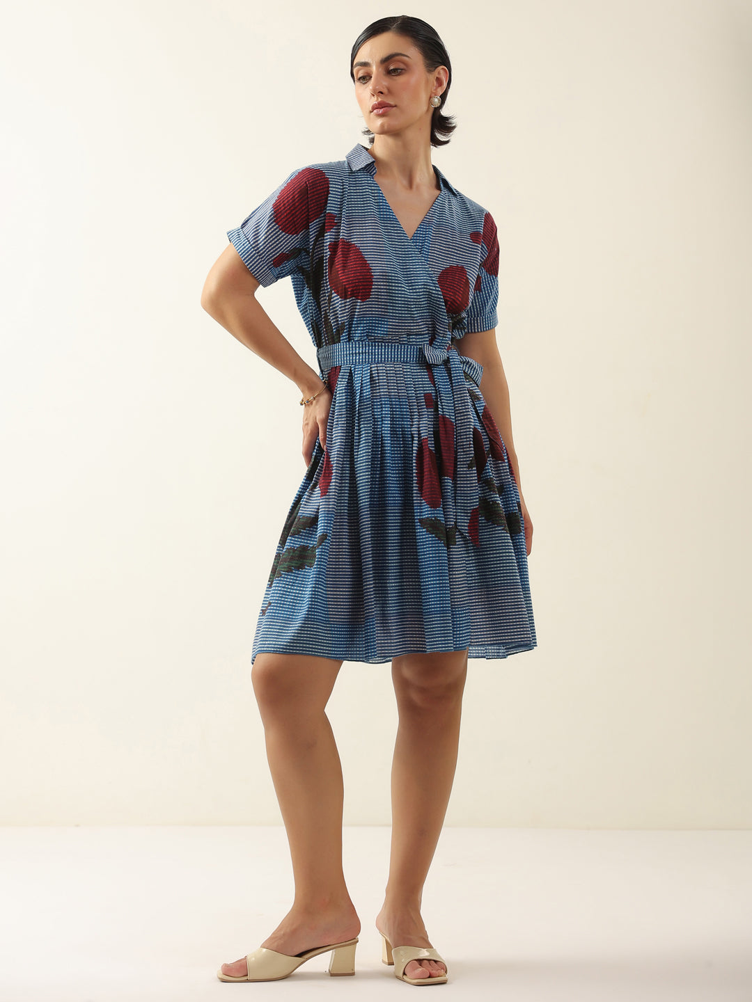 Blue V-Neck Floral Printed Dress for Women