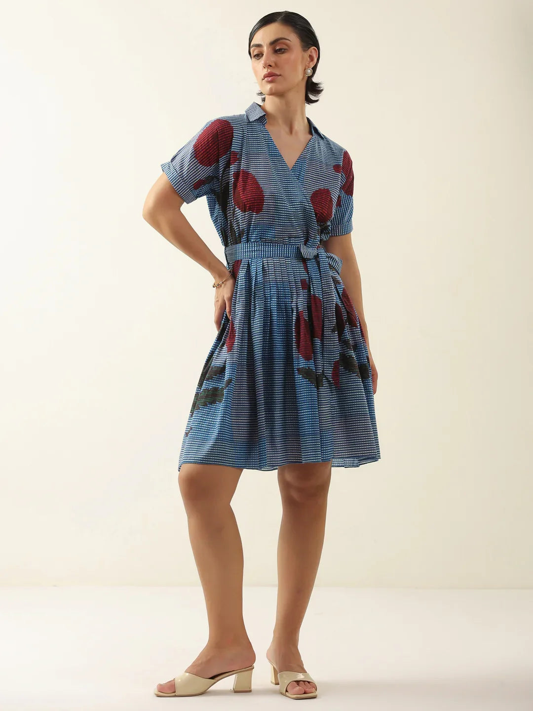 Blue V-Neck Floral Printed Dress for Women - SanskrutiHomes