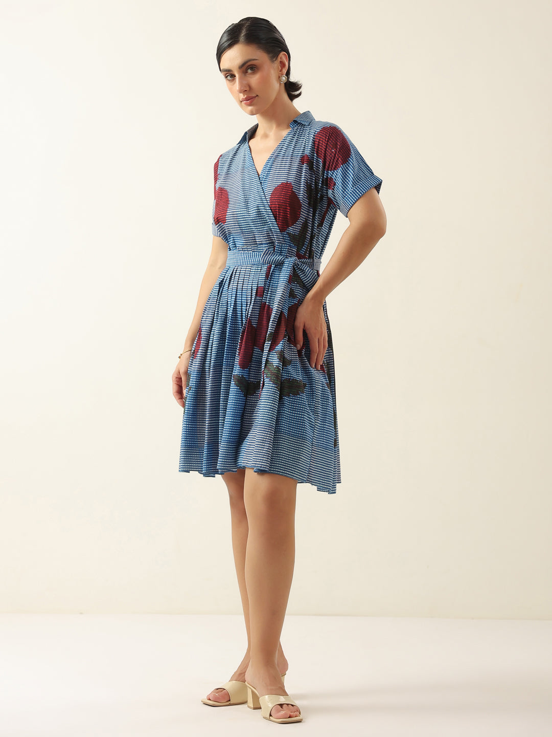 Blue V-Neck Floral Printed Dress for Women