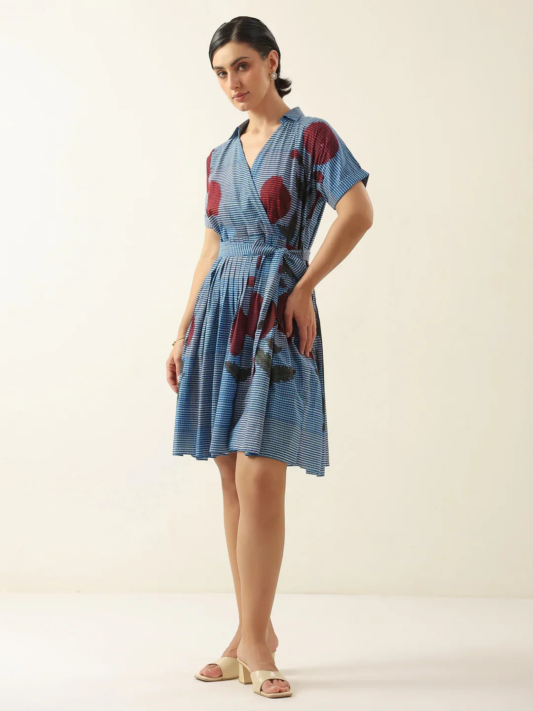 Blue V-Neck Floral Printed Dress for Women - SanskrutiHomes