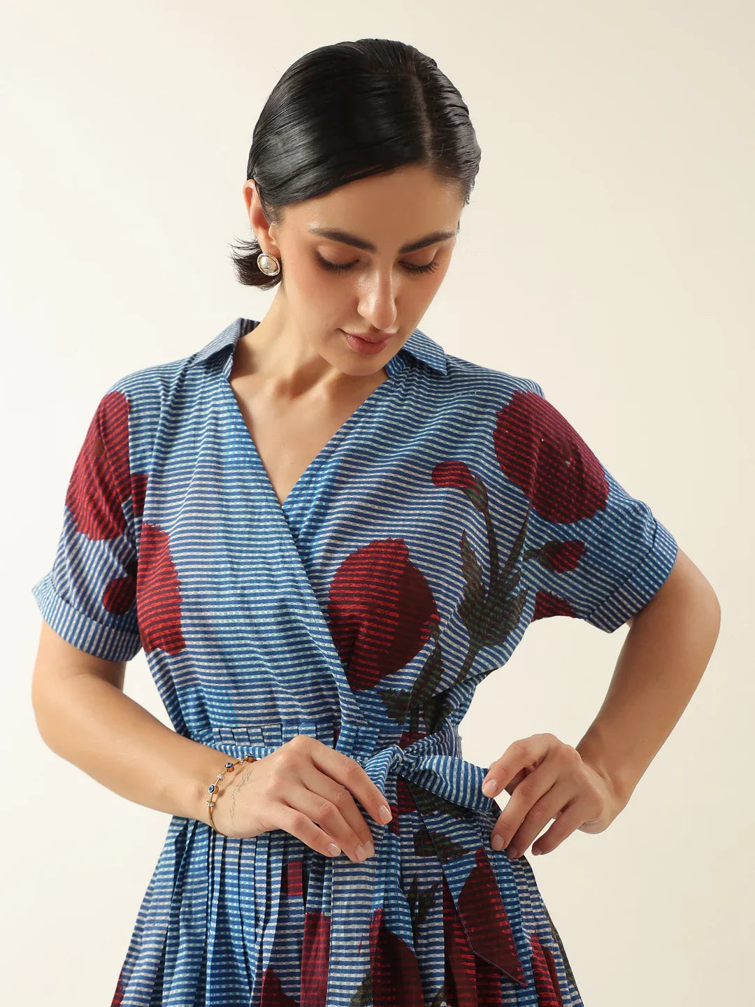 Blue V-Neck Floral Printed Dress for Women - SanskrutiHomes