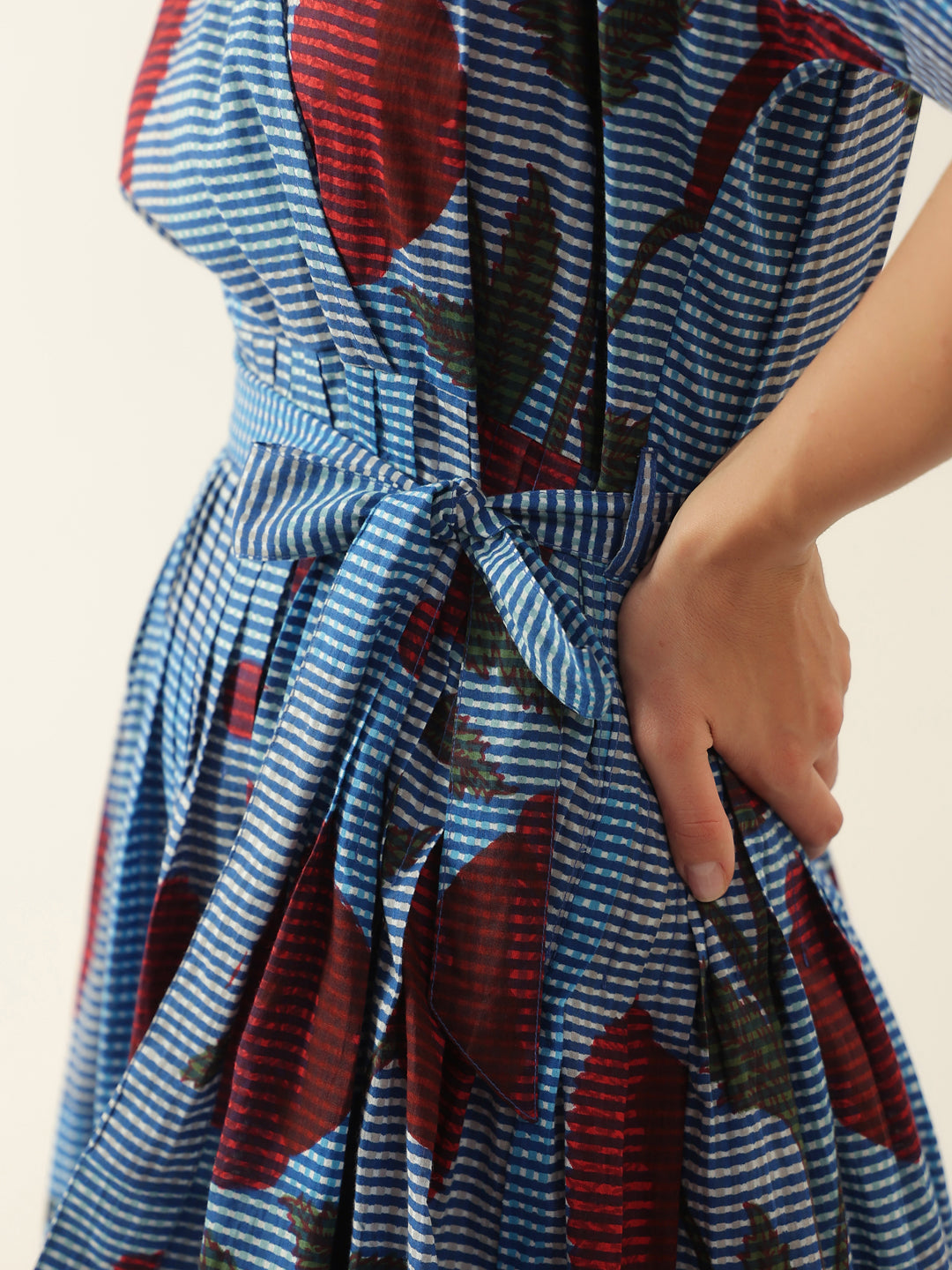 Blue V-Neck Floral Printed Dress for Women