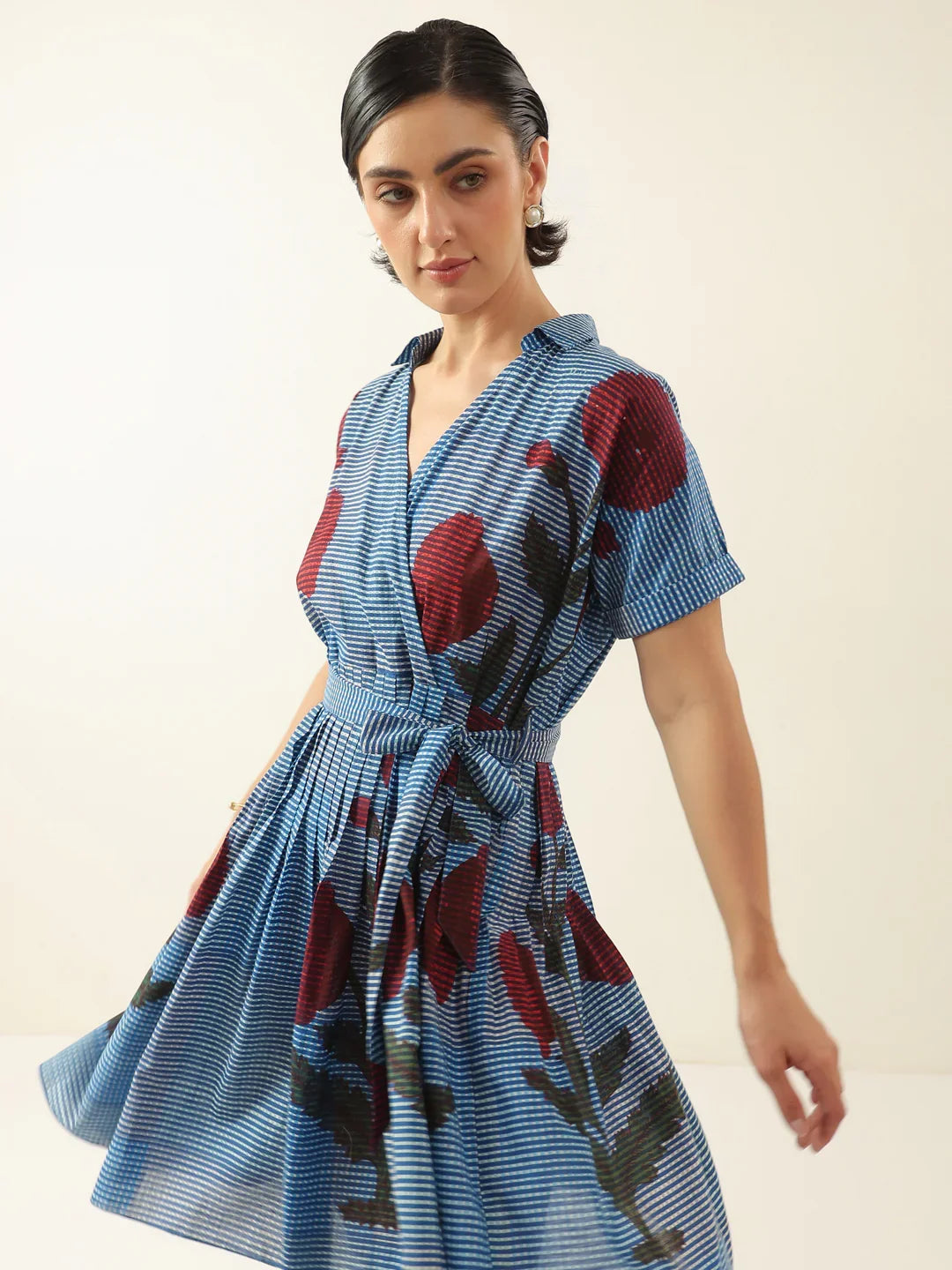 Blue V-Neck Floral Printed Dress for Women - SanskrutiHomes