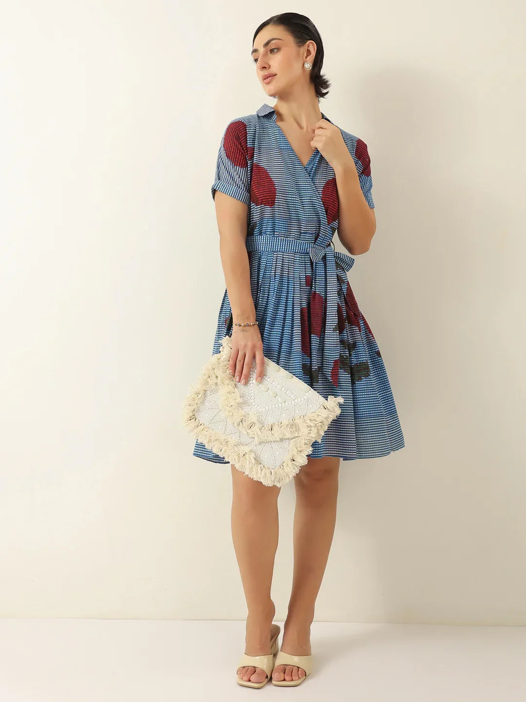 Blue V-Neck Floral Printed Dress for Women - SanskrutiHomes
