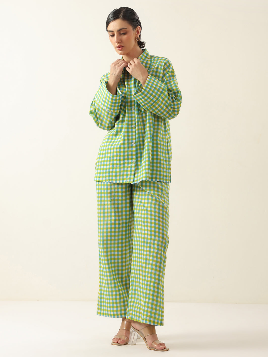 Green Color Check Printed Cotton Co-ords Set