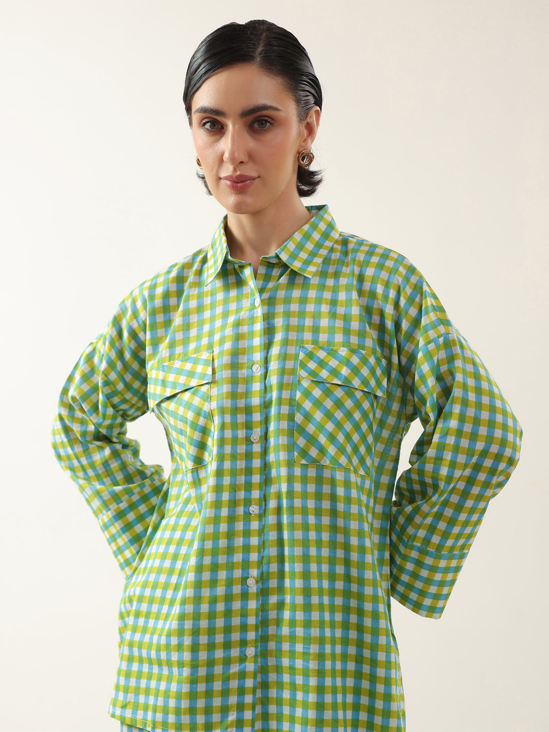 Green Color Check Printed Cotton Co-ords Set