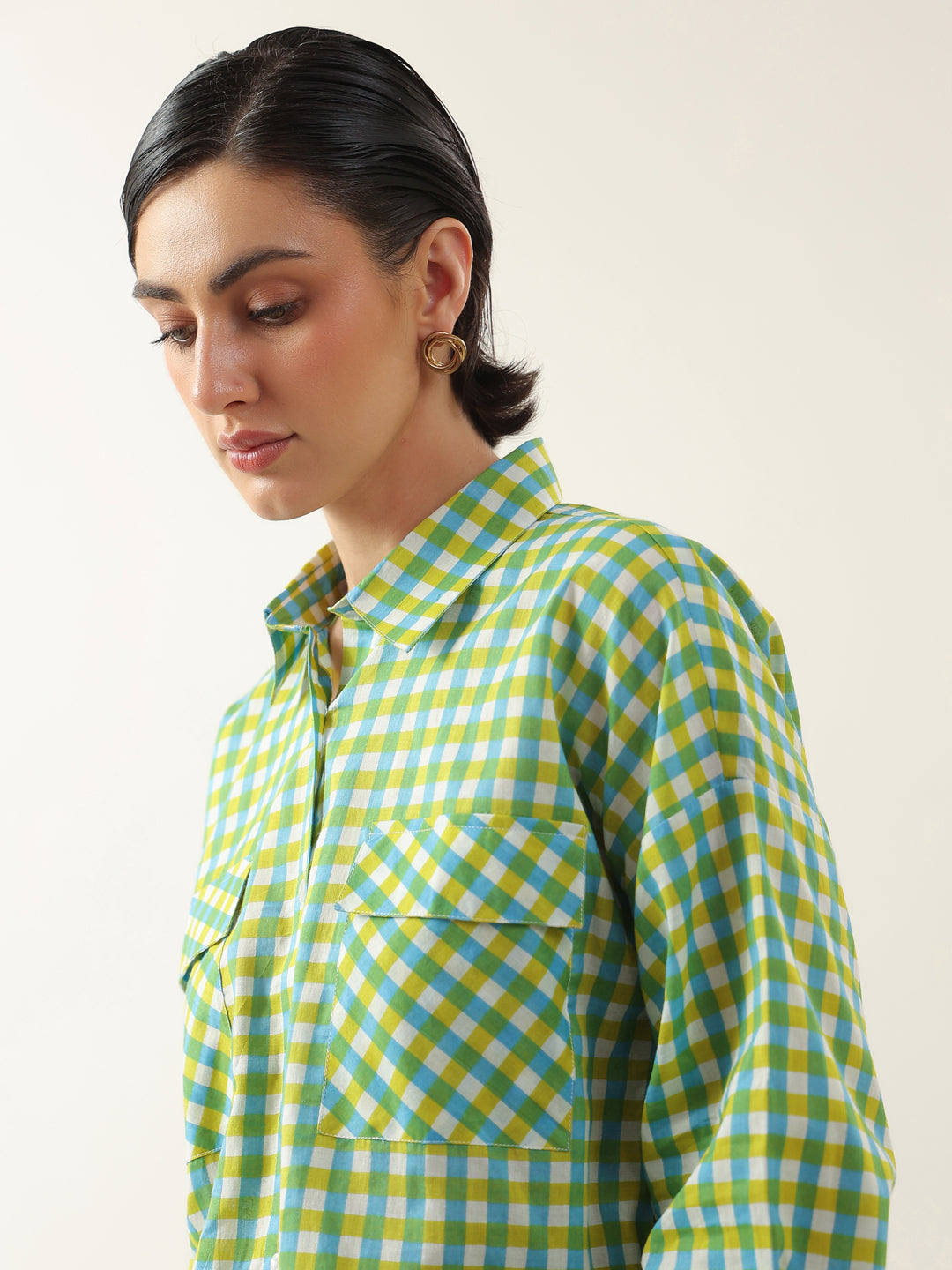 Green Color Check Printed Cotton Co-ords Set