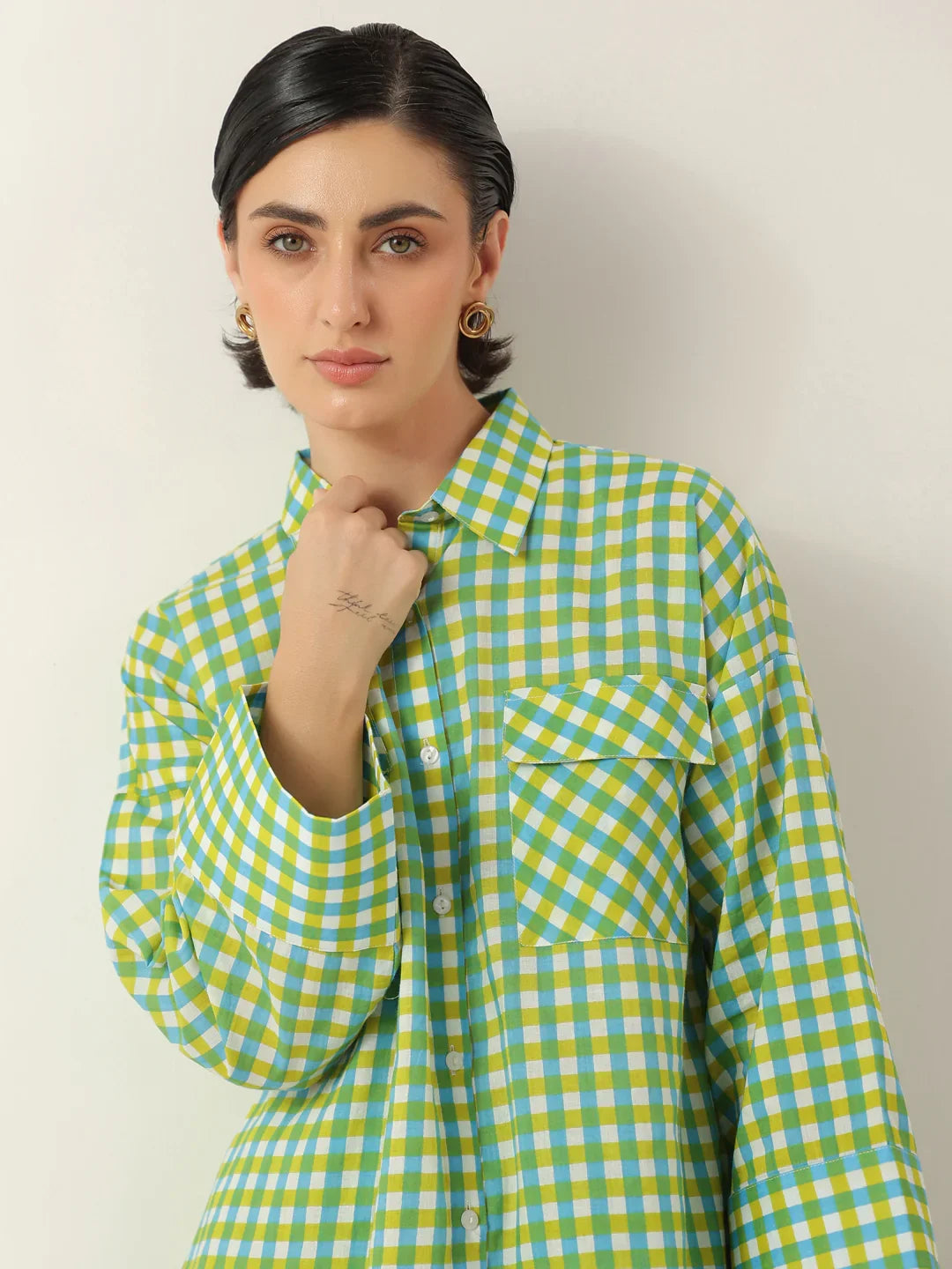 Green Color Check Printed Cotton Co-ords Set - SanskrutiHomes