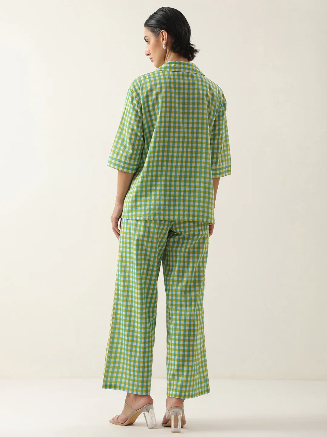 Green Color Check Printed Cotton Co-Ords Set For Women