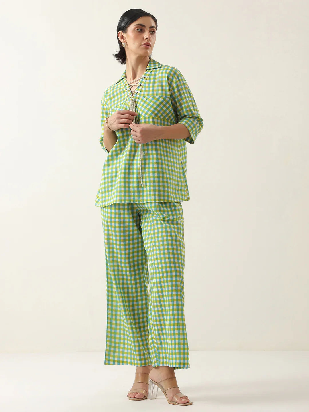 Green Color Check Printed Cotton Co-Ords Set For Women
