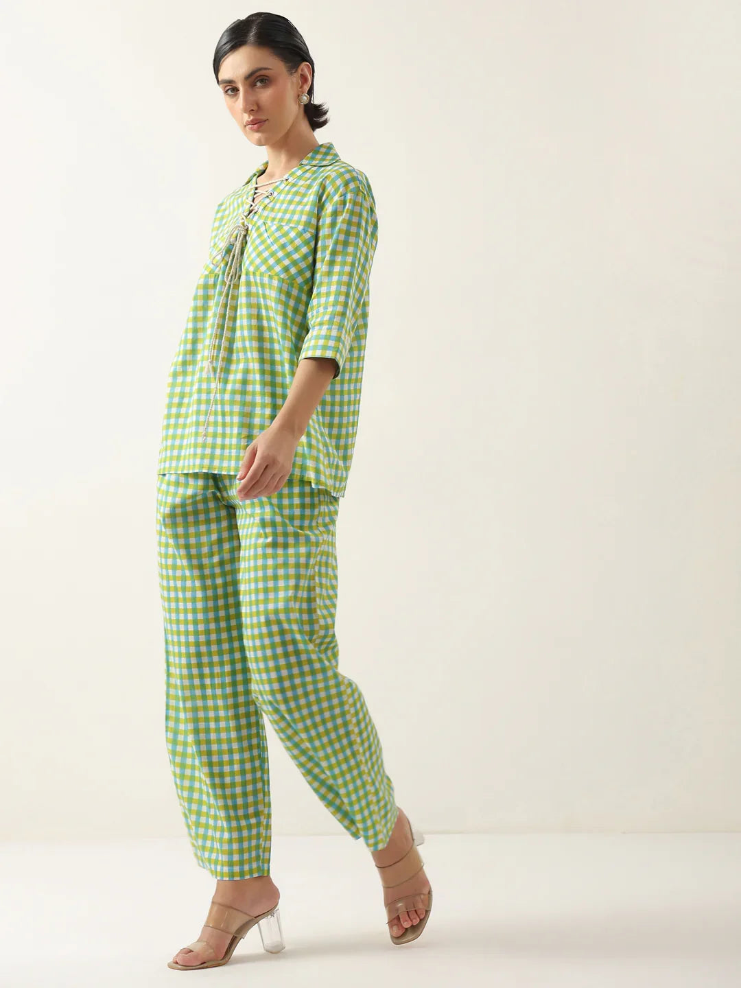Green Color Check Printed Cotton Co-Ords Set For Women