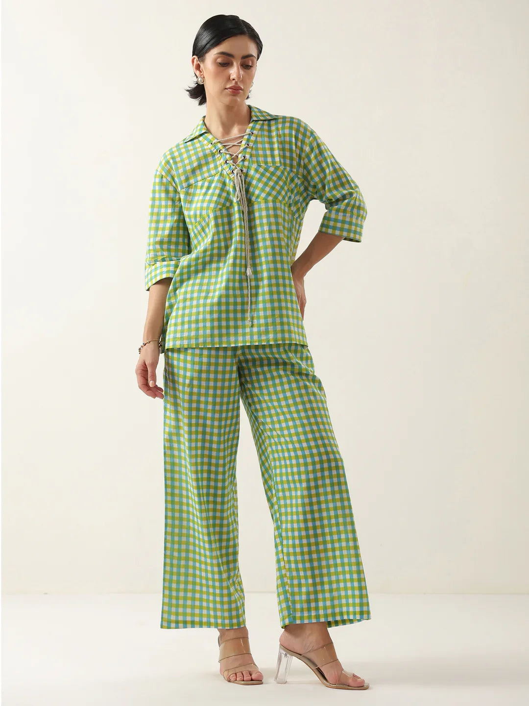 Green Color Check Printed Cotton Co-Ords Set For Women