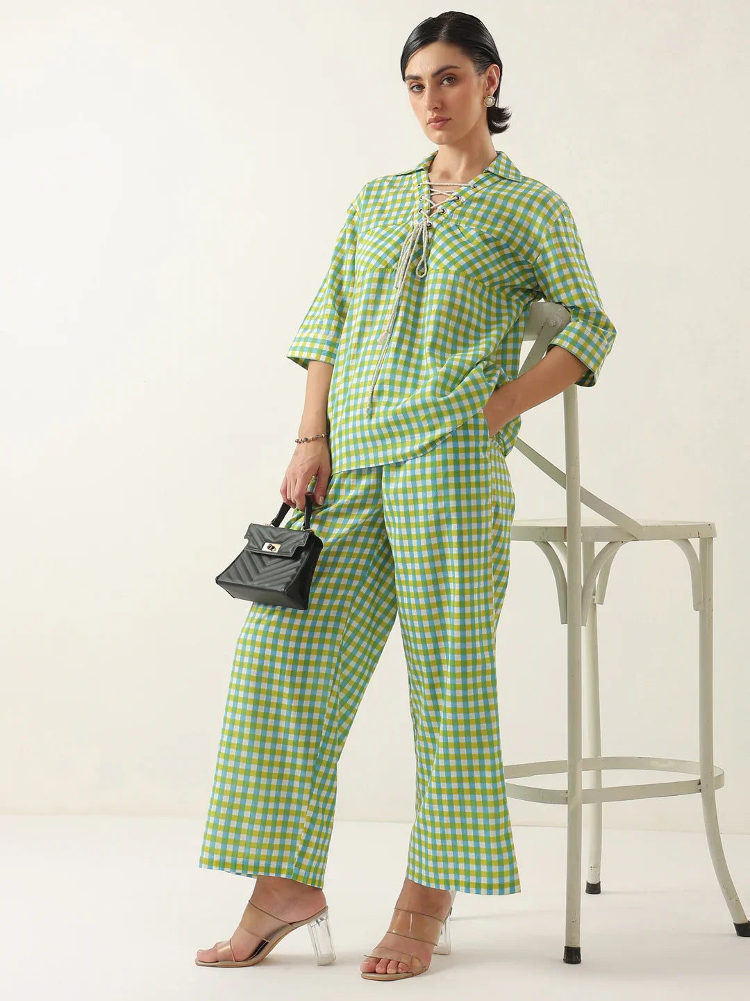Green Color Check Printed Cotton Co-Ords Set For Women
