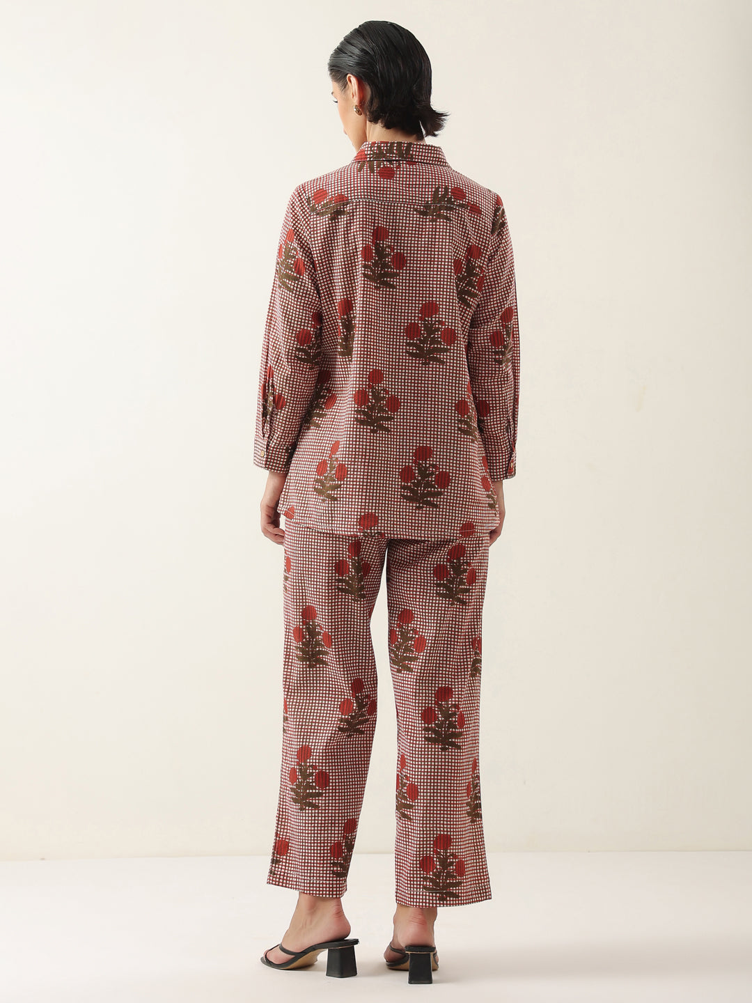 Red Cotton Floral Printed Shirt Collor Night Suit