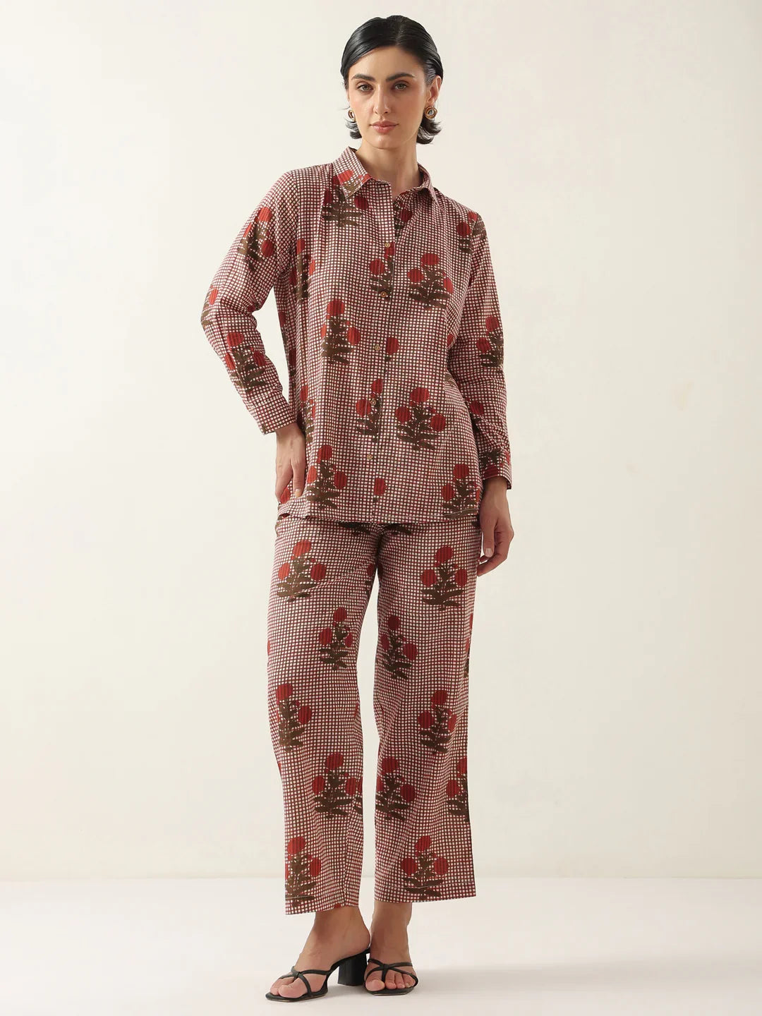 Red Cotton Floral Printed Shirt Collor Night Suit - SanskrutiHomes