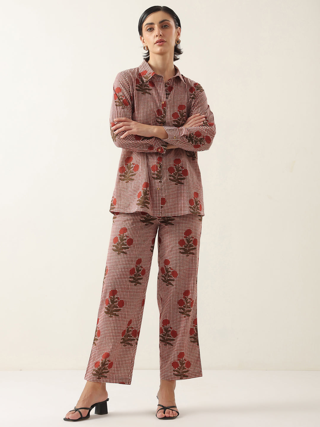 Red Cotton Floral Printed Shirt Collor Night Suit