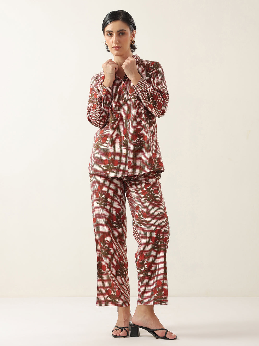 Red Cotton Floral Printed Shirt Collor Night Suit