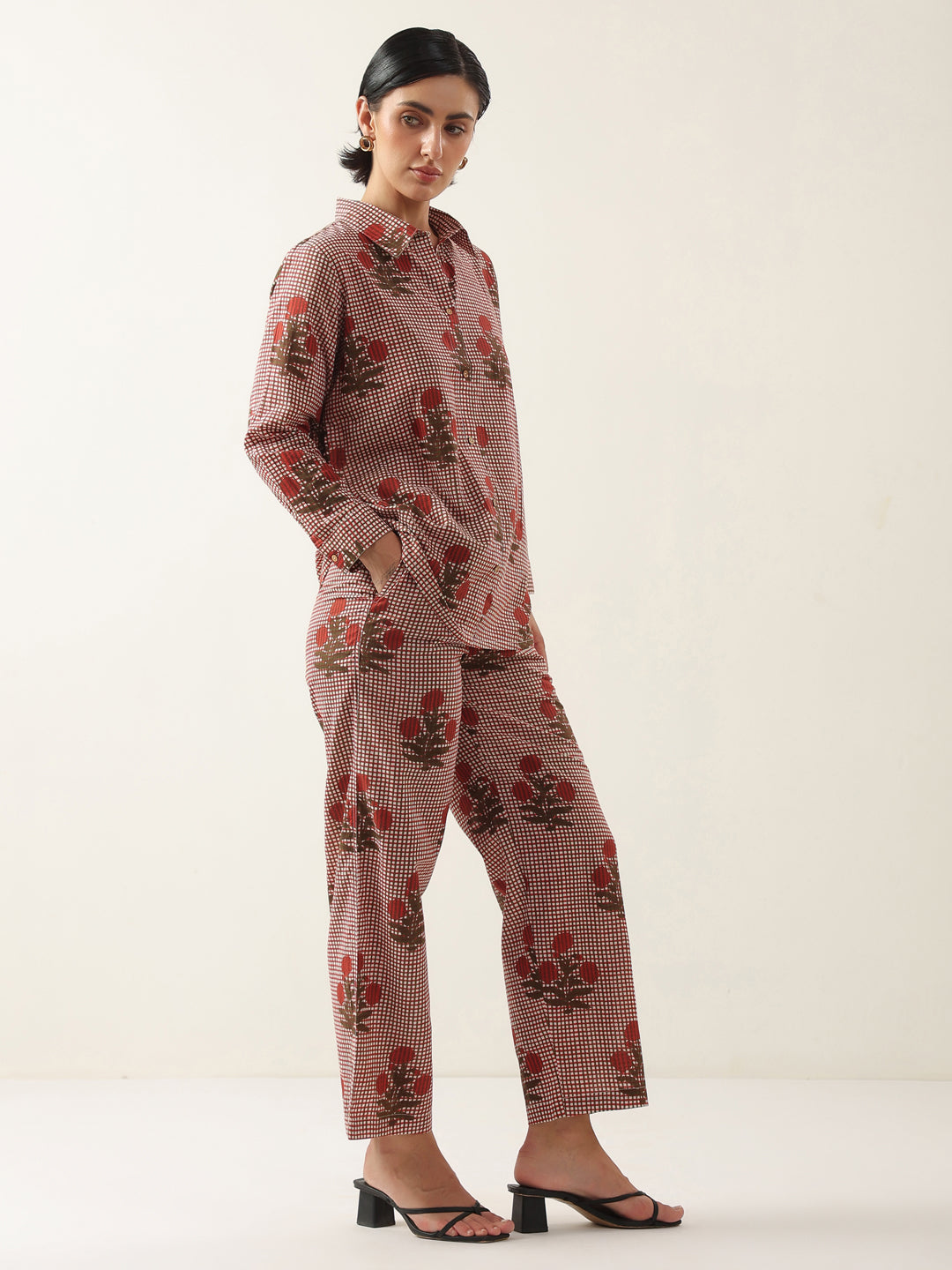 Red Cotton Floral Printed Shirt Collor Night Suit