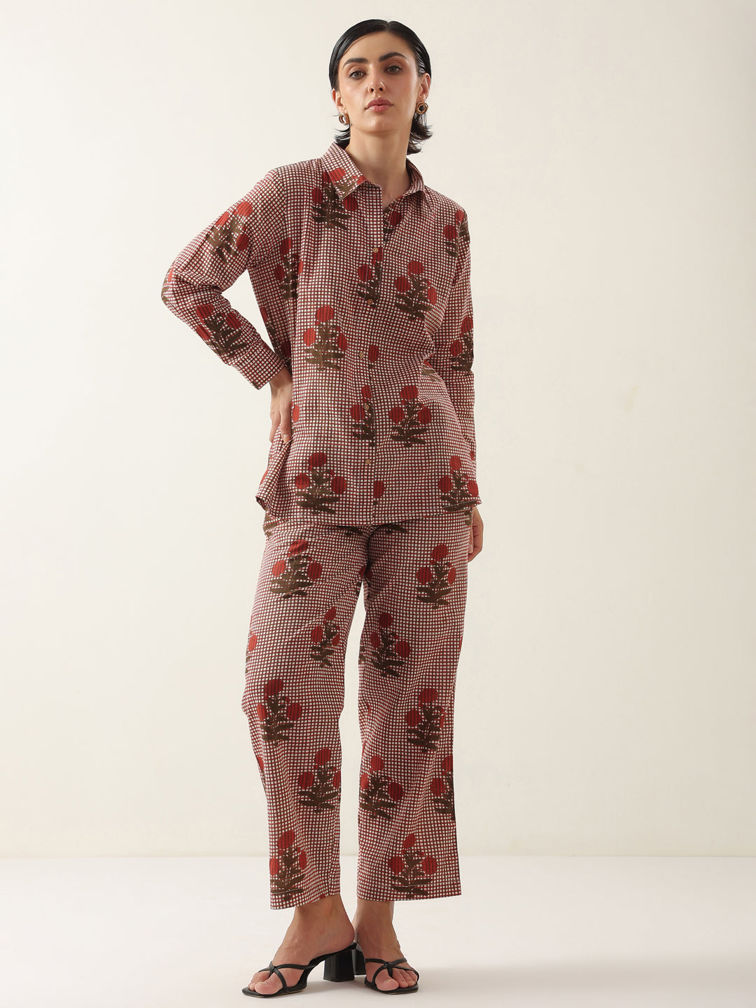 Red Cotton Floral Printed Shirt Collor Night Suit
