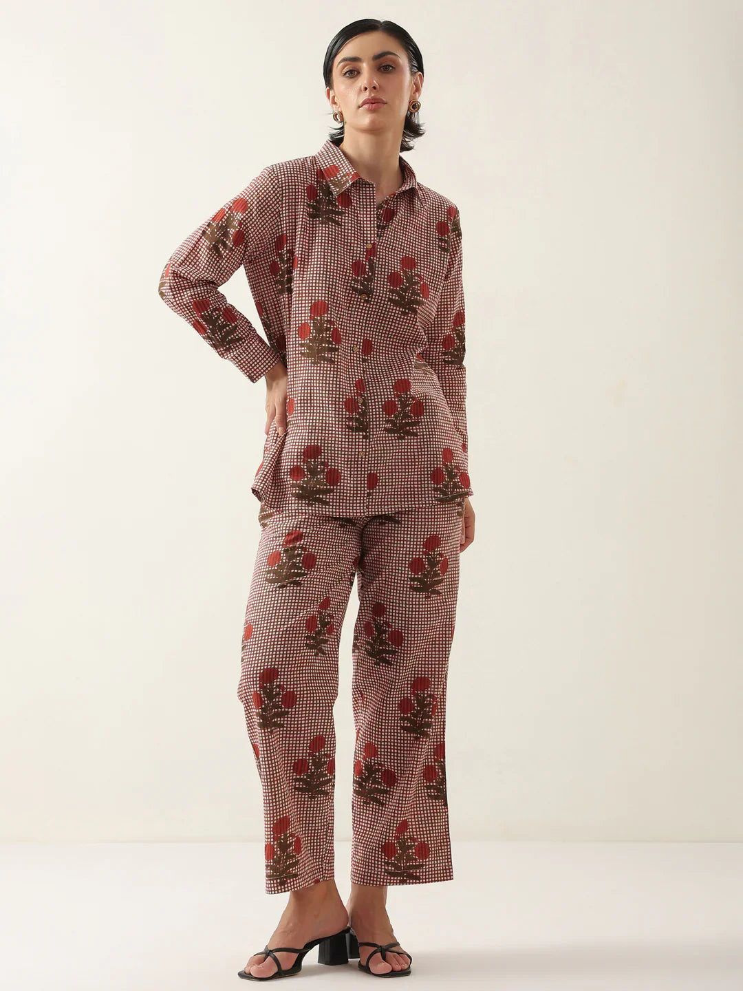 Red Cotton Floral Printed Shirt Collor Night Suit - SanskrutiHomes