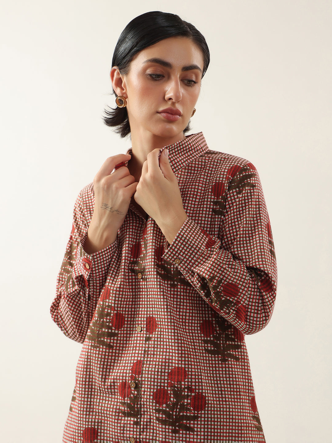 Red Cotton Floral Printed Shirt Collor Night Suit
