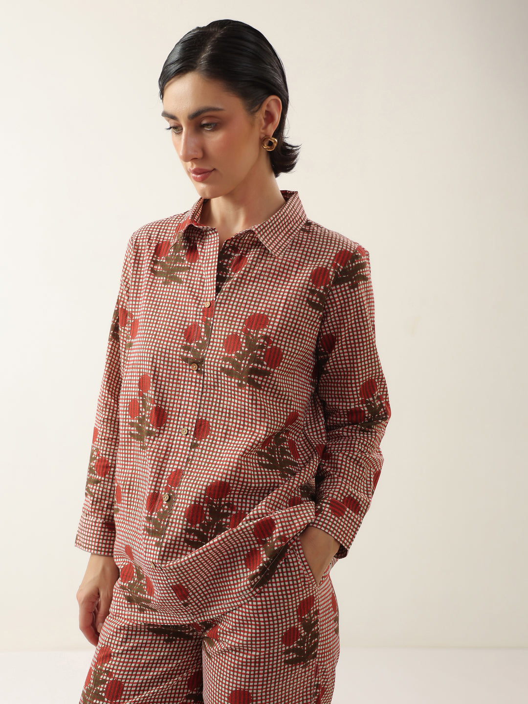 Red Cotton Floral Printed Shirt Collor Night Suit