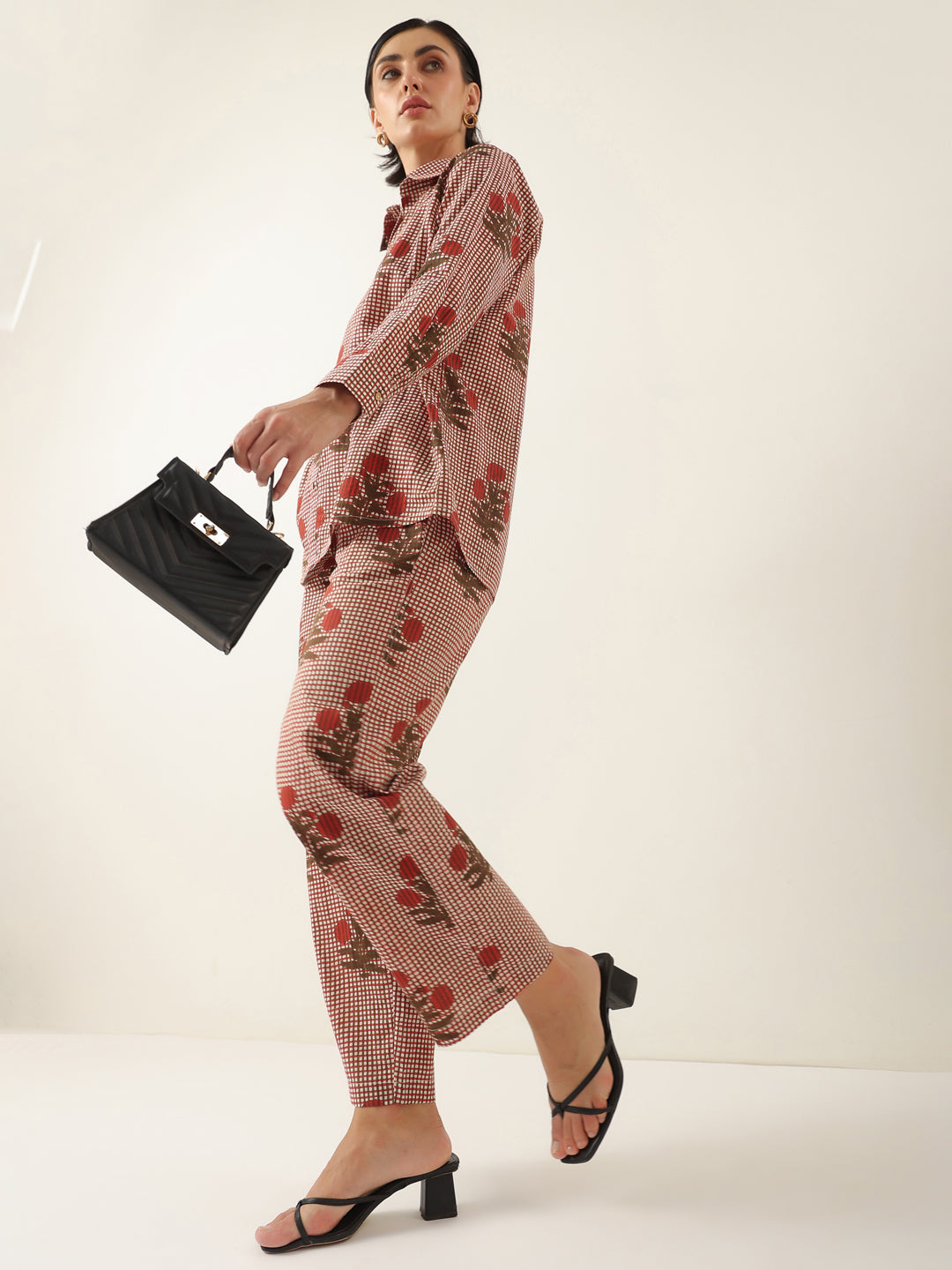 Red Cotton Floral Printed Shirt Collor Night Suit