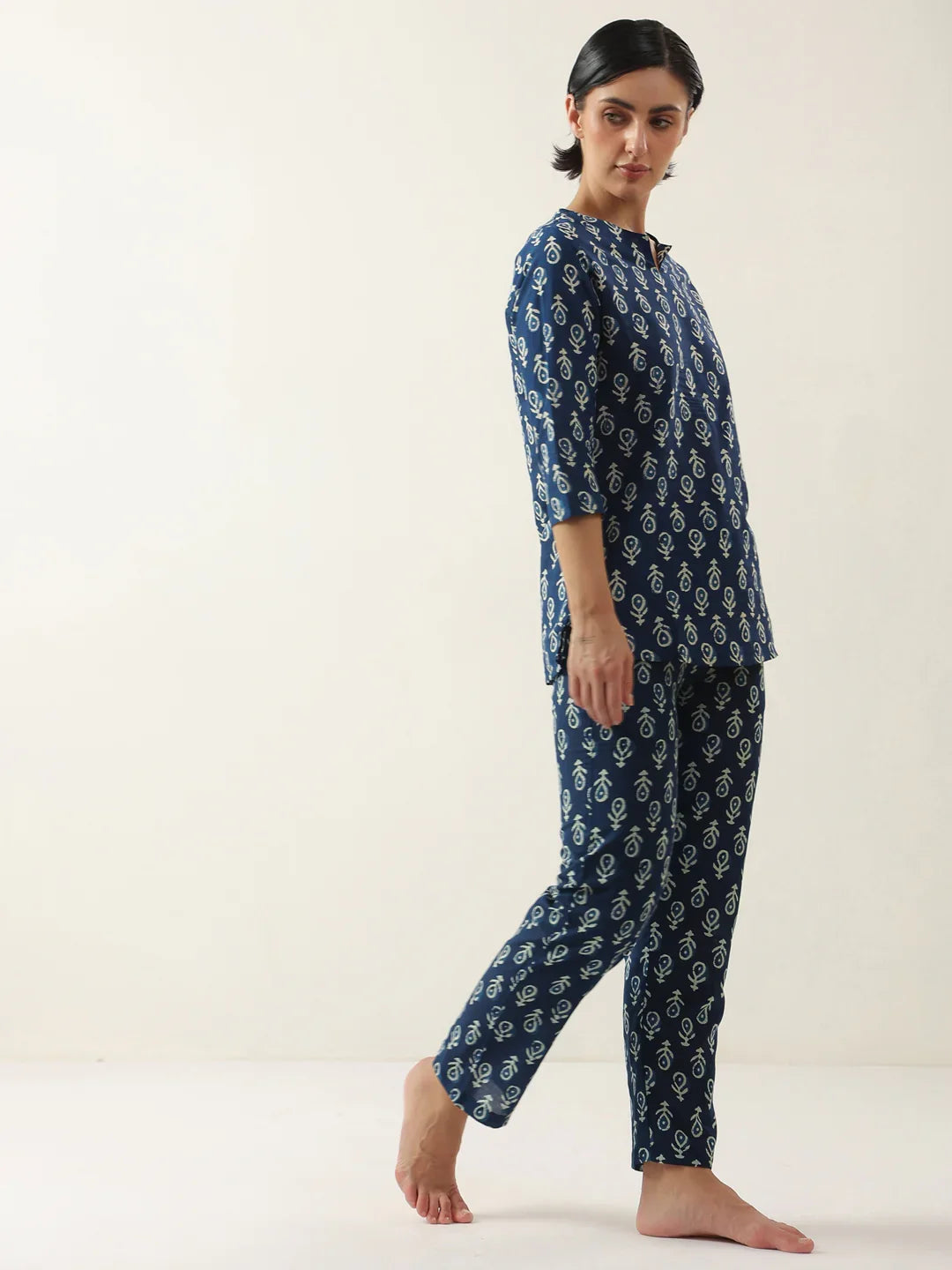 Blue Color Round Neck Floral Printed Night Suit - SanskrutiHomes