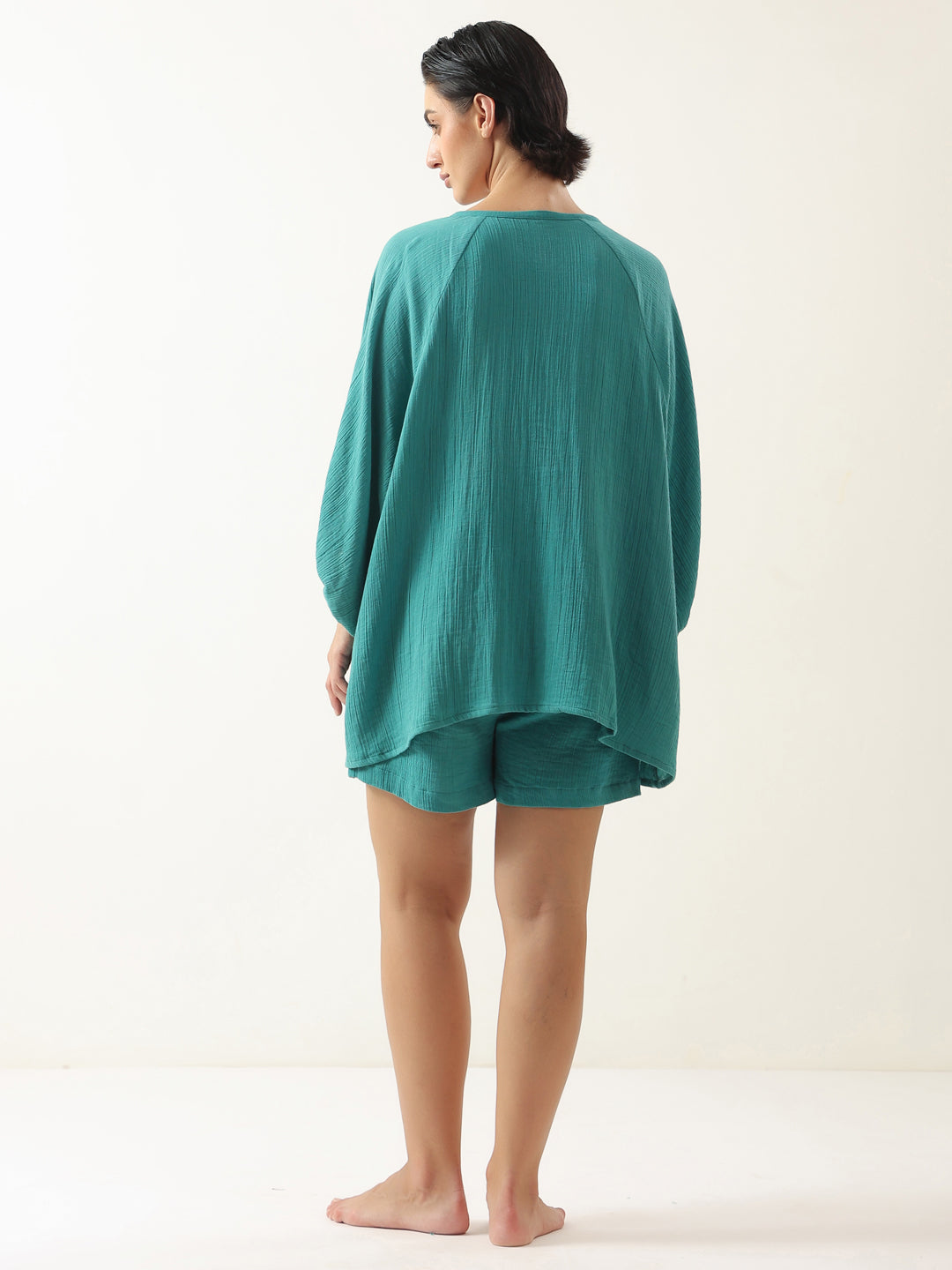 Sea Green Solid Cotton Night Suit For Women