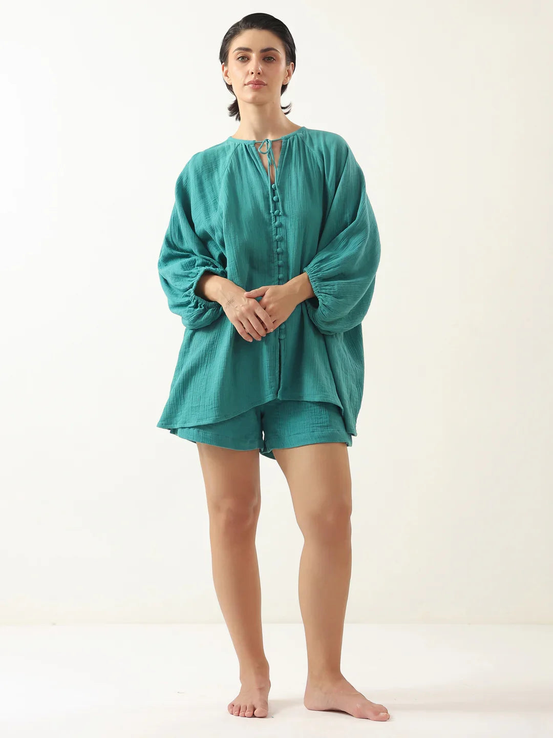 Sea Green Solid Cotton Night Suit For Women
