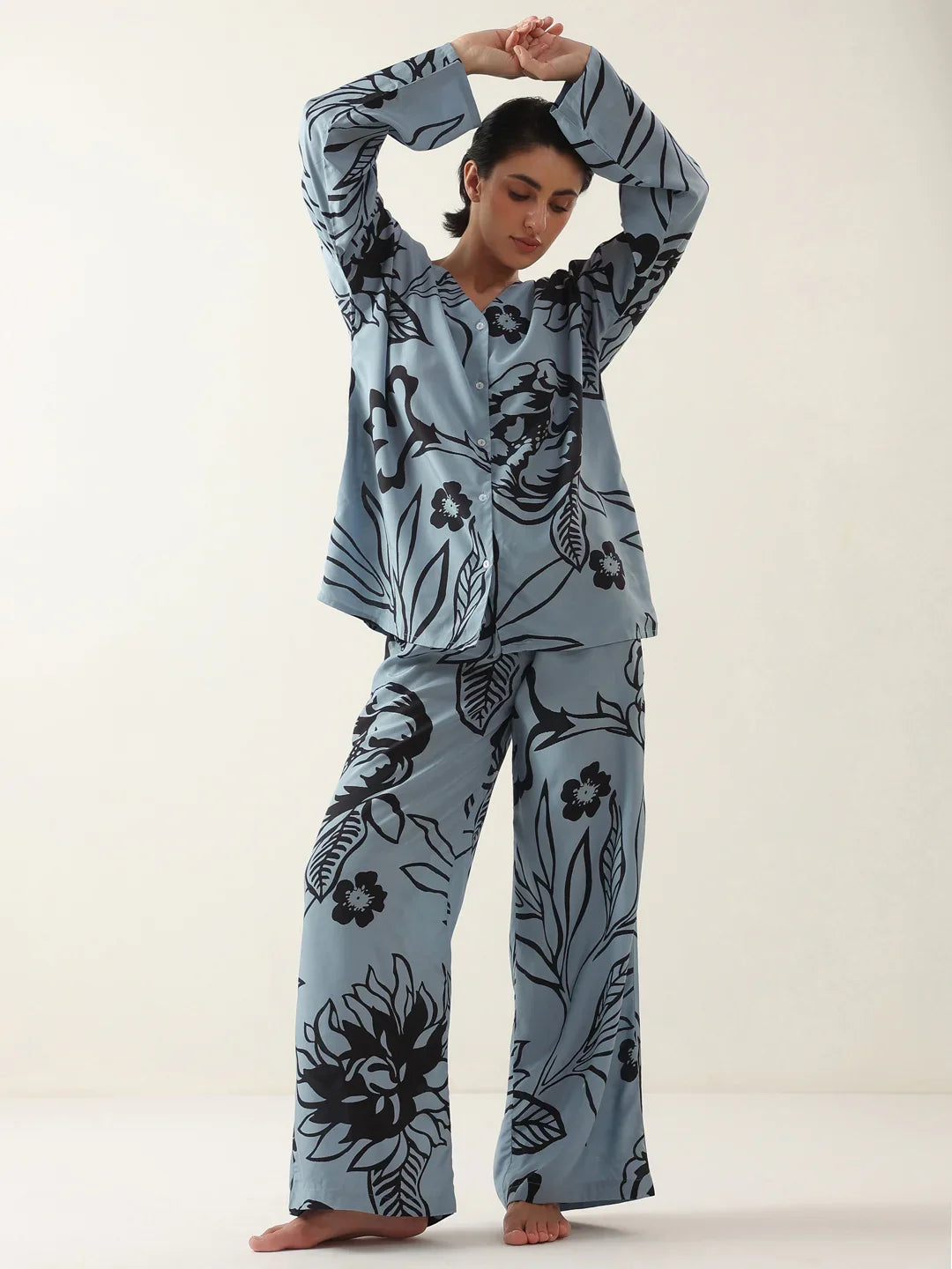 Blue Color V-Neck Floral Printed Night Suit - SanskrutiHomes
