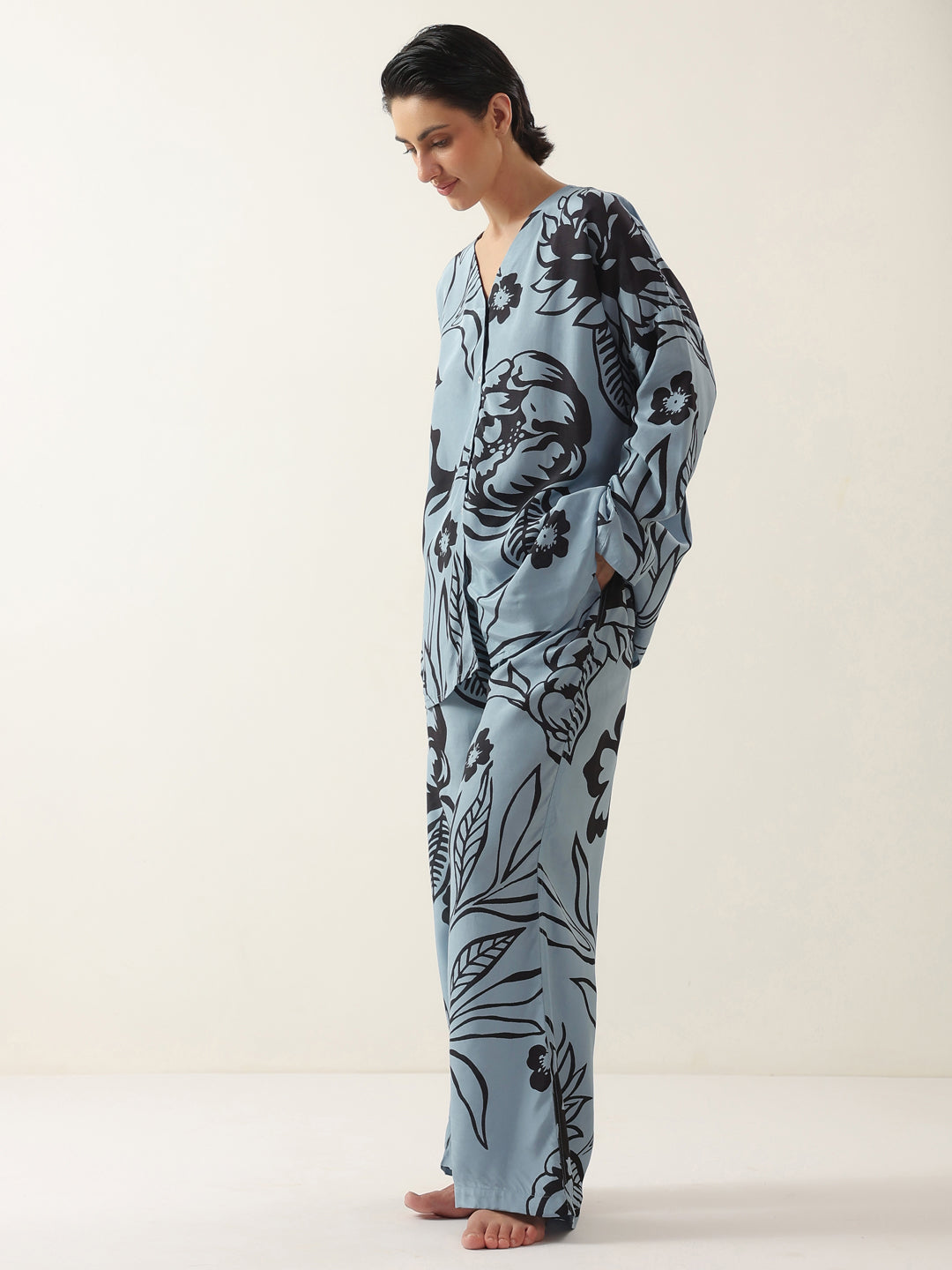 Blue Color V-Neck Floral Printed Night Suit