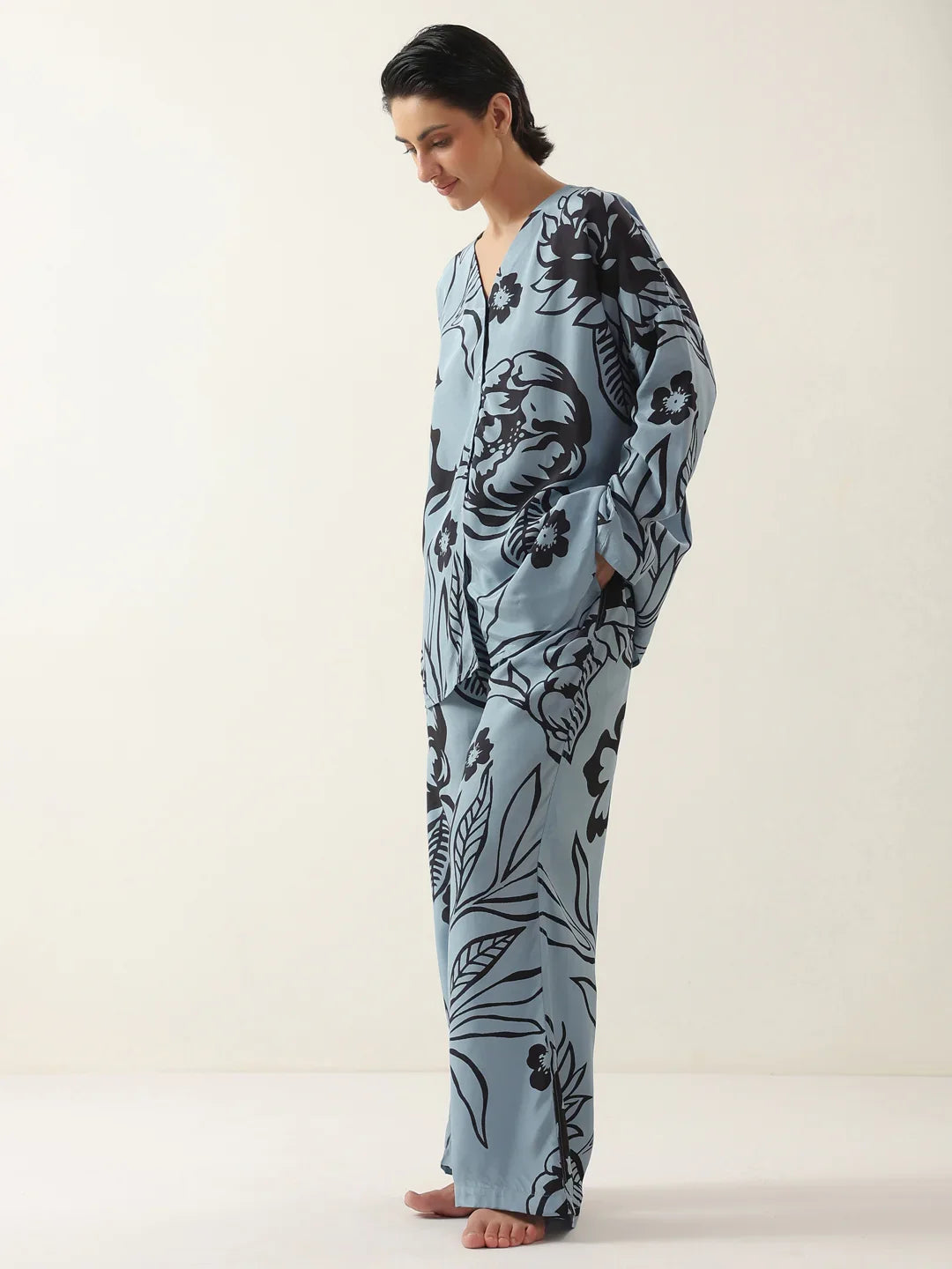 Blue Color V-Neck Floral Printed Night Suit - SanskrutiHomes