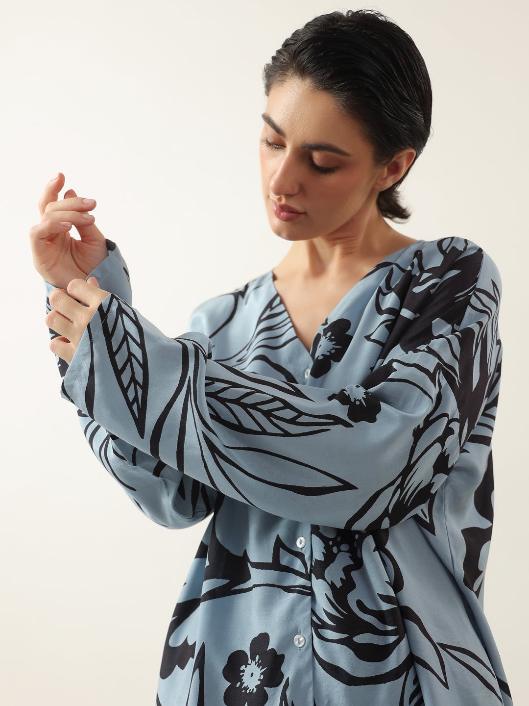 Blue Color V-Neck Floral Printed Night Suit