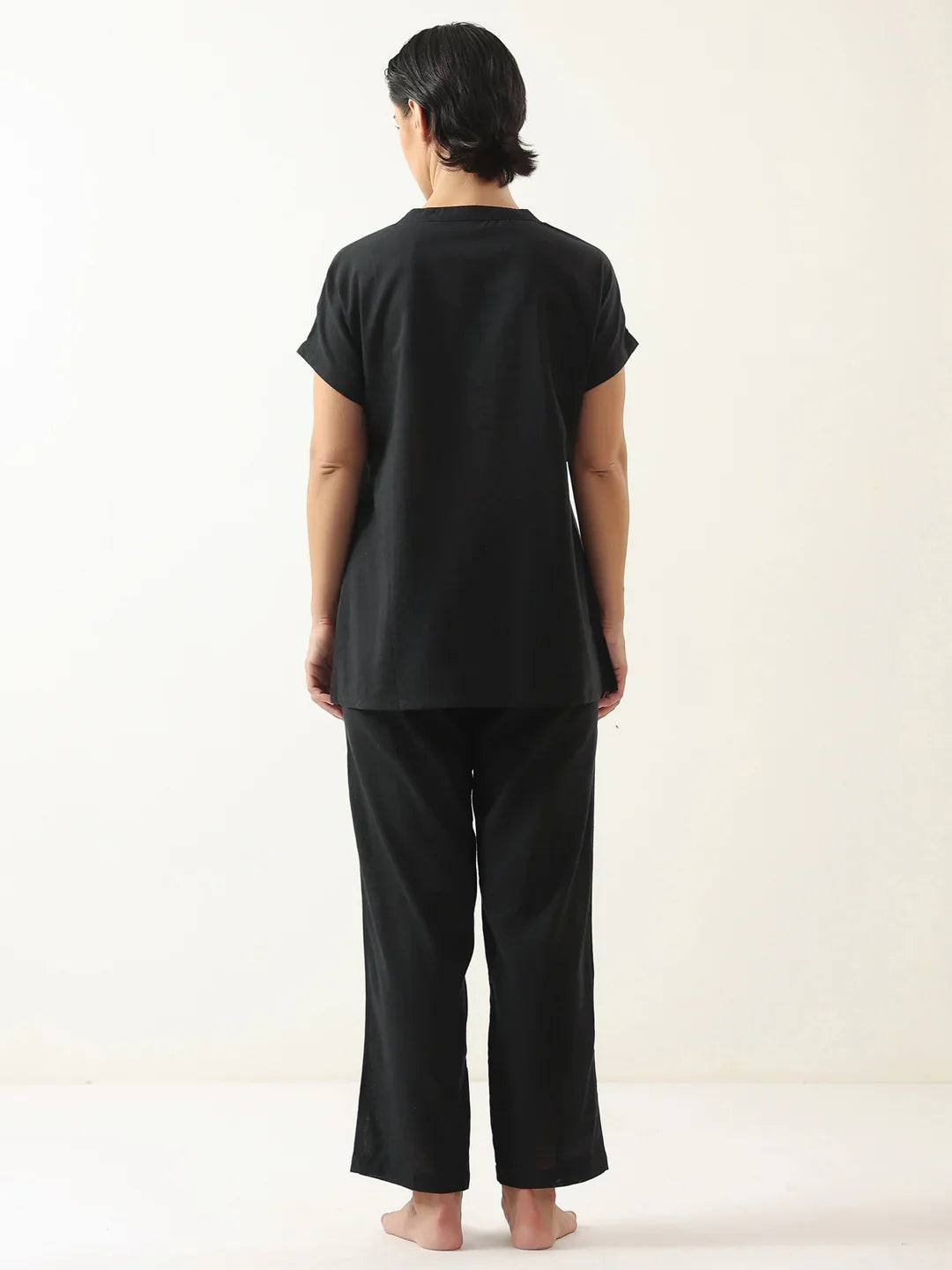 Black Solid Cotton V-Neck Night Suit - SanskrutiHomes