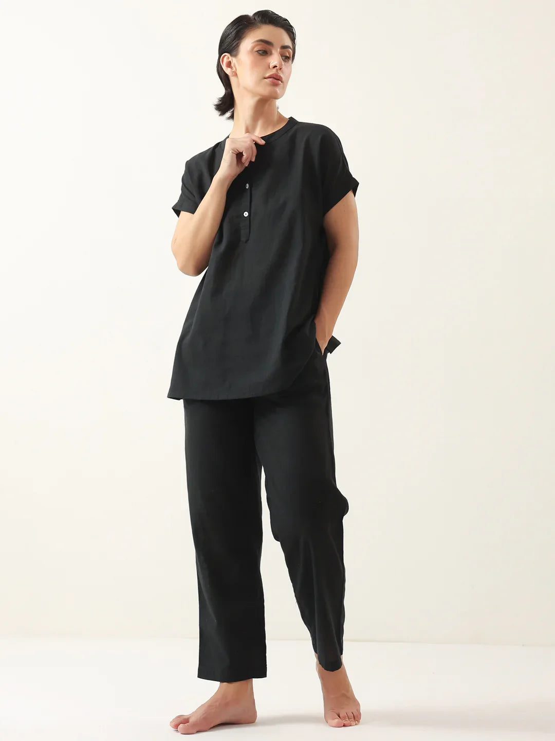Black Solid Cotton V-Neck Night Suit - SanskrutiHomes