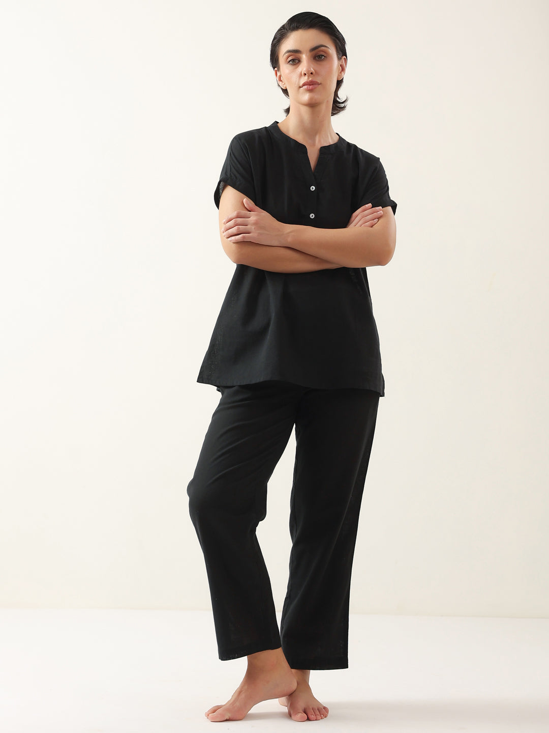 Black Solid Cotton V-Neck Night Suit