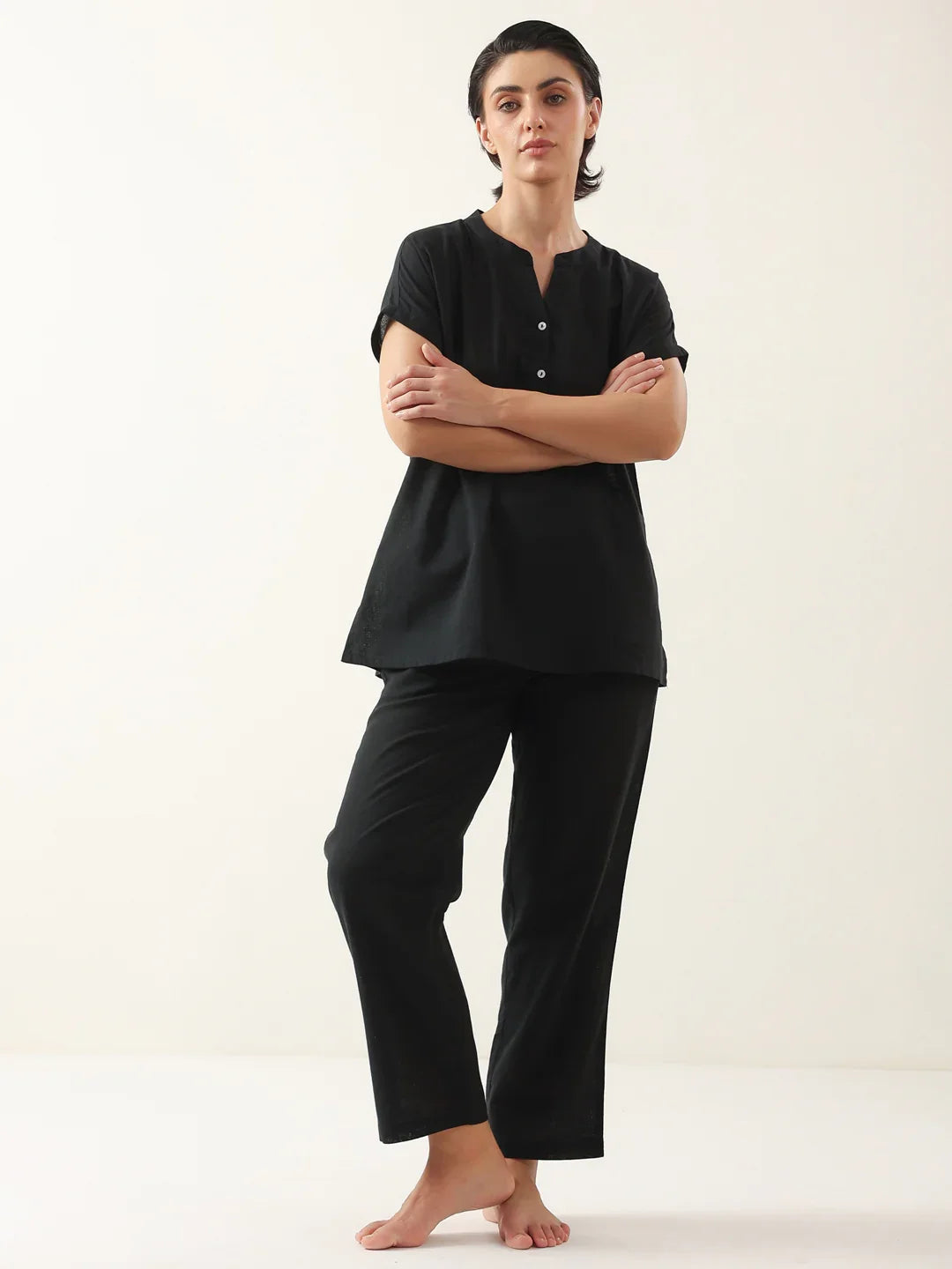 Black Solid Cotton V-Neck Night Suit - SanskrutiHomes
