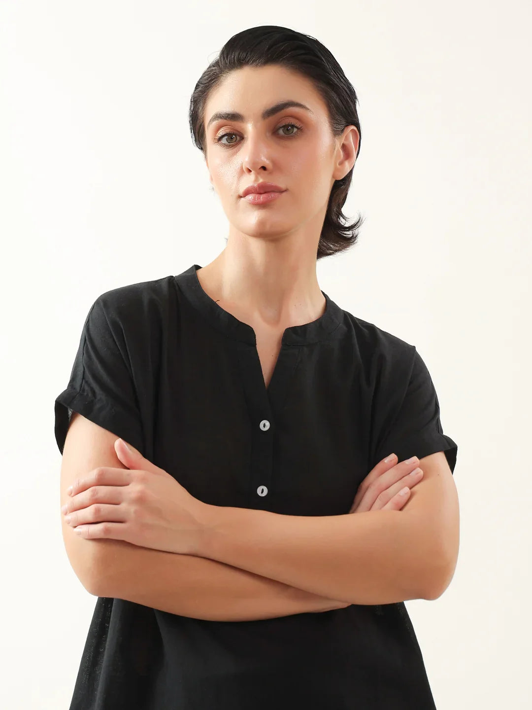 Black Solid Cotton V-Neck Night Suit - SanskrutiHomes