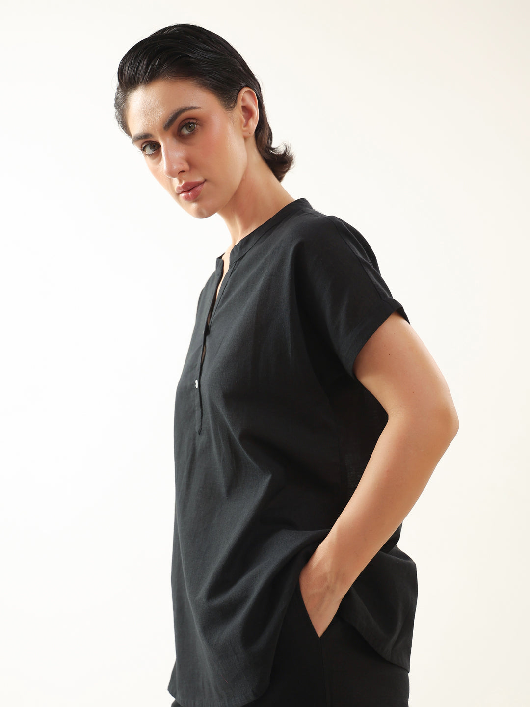 Black Solid Cotton V-Neck Night Suit