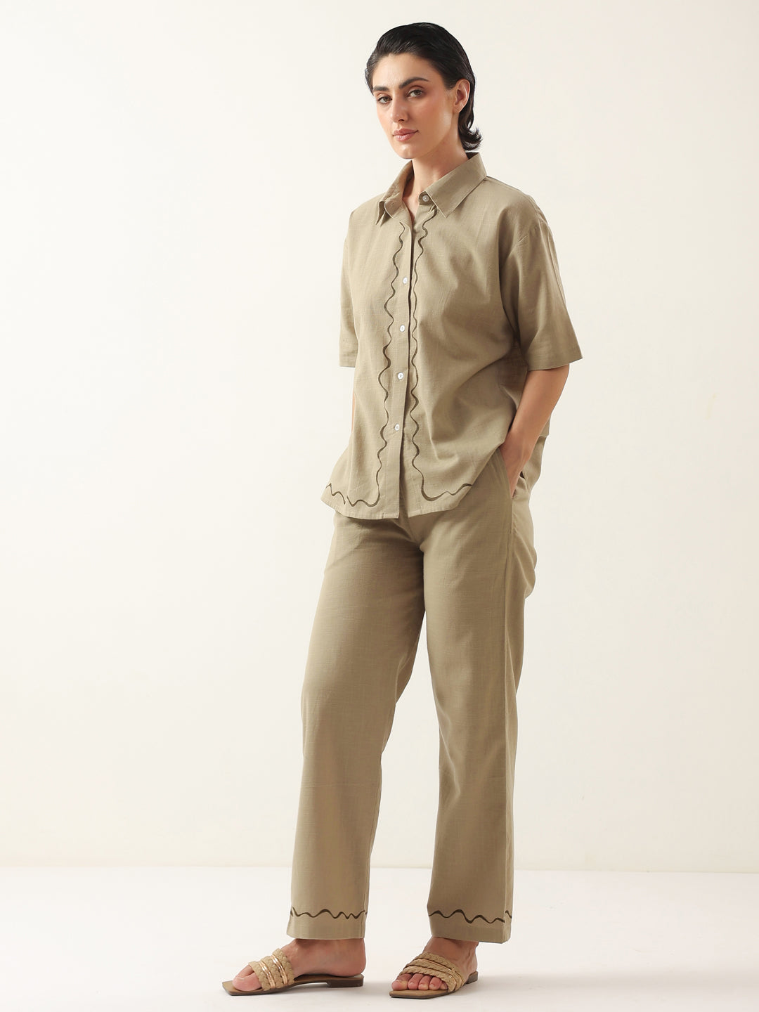 Brown Solid Cotton Shirt Collar Night Suit - SanskrutiHomes